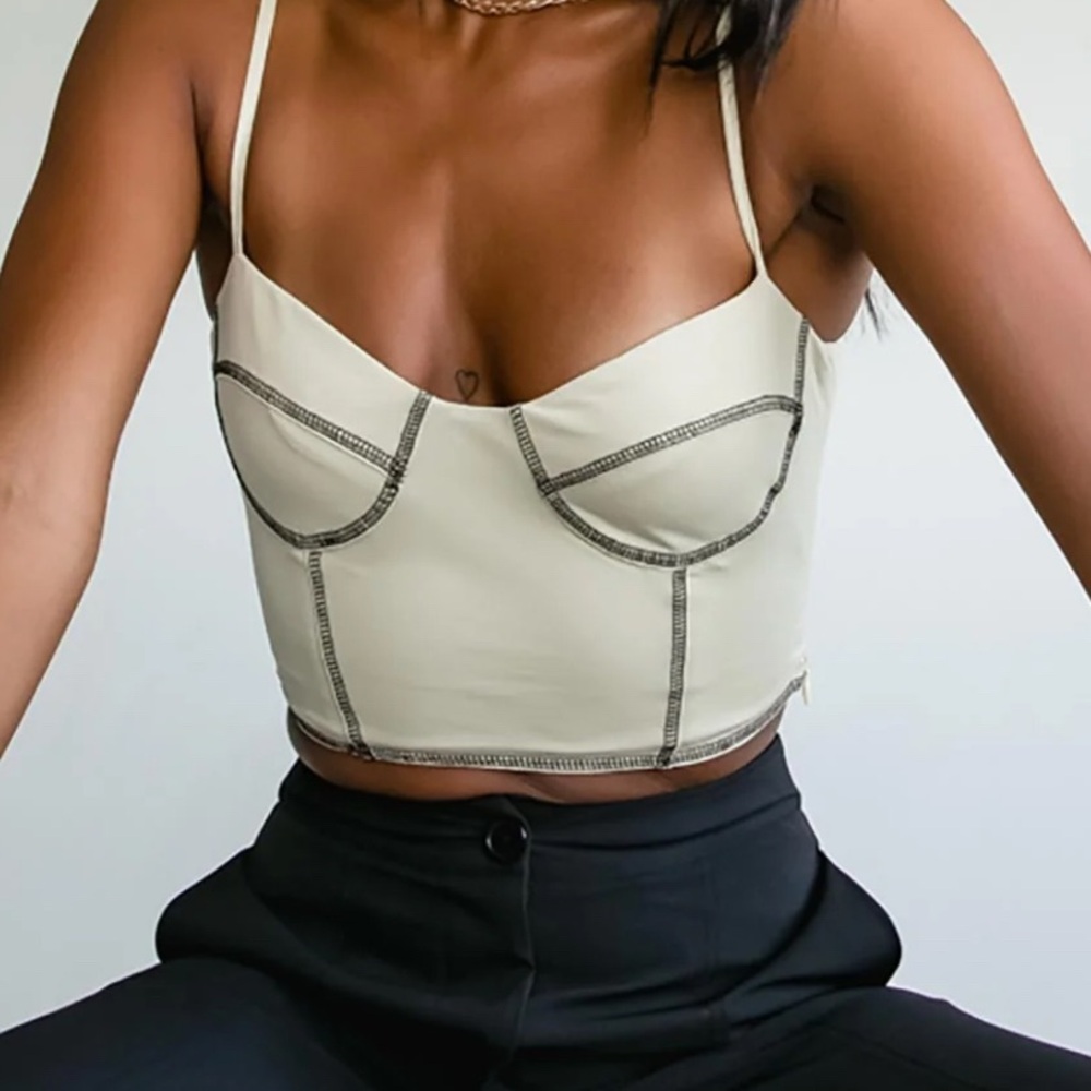 Princess Polly Cream Top with Black Stitching